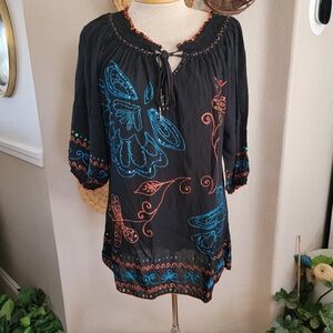 Usindo Embroidered Black Boho Tunic Top Sz S